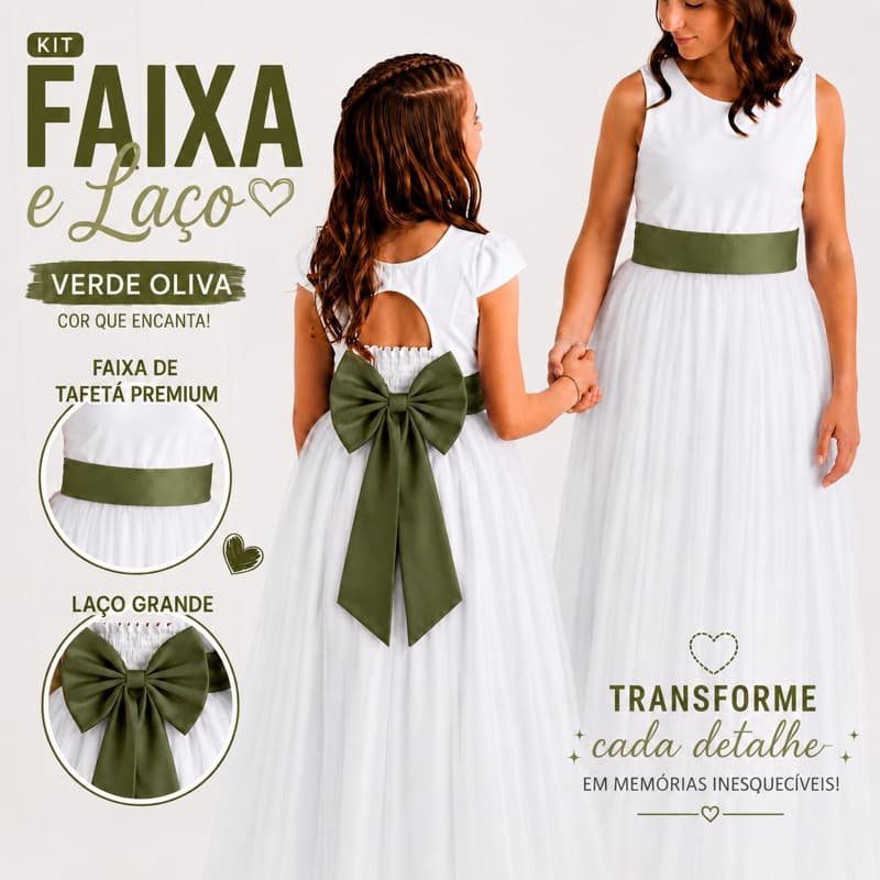 Faixa e Laço Dama de Honra Infantil Fita Acessório Para Vestido Festa Verde Oliva Militar REF4196