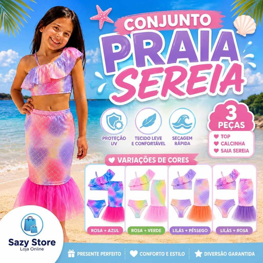 Conjunto Sereia Infantil 3 Peças Biquíni + Saia Cauda Com Brilho Moda Praia Menina Piscina