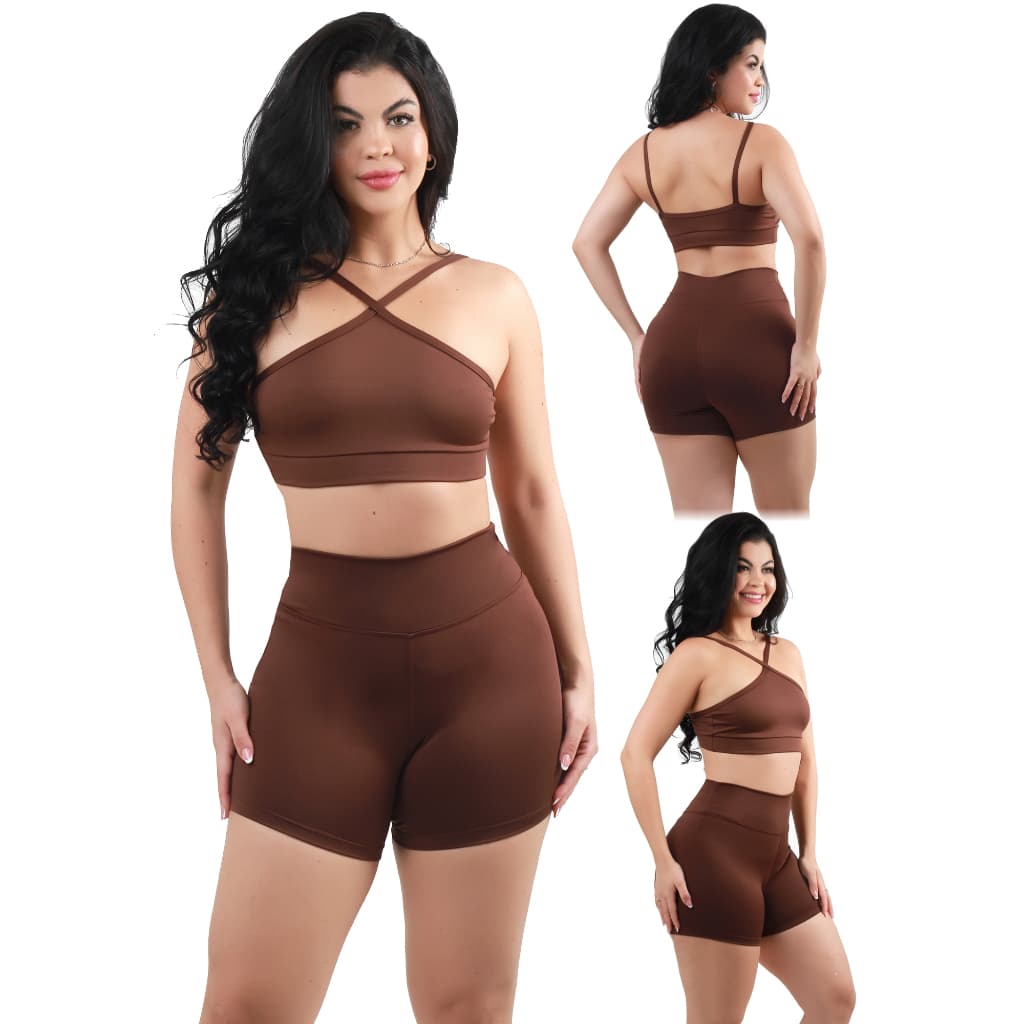 Conjunto Top Cruzado Alça e Short Cós Alto Fitness de Academia