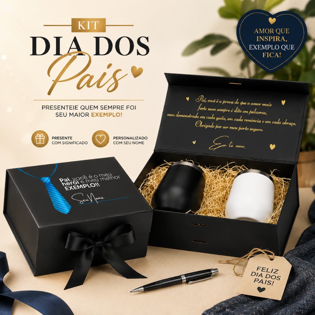 Kit Caixa Presente- Dia dos Pais Personalizada + 2 Cuias Térmicas  Personalizadas a Laser Exclusivas