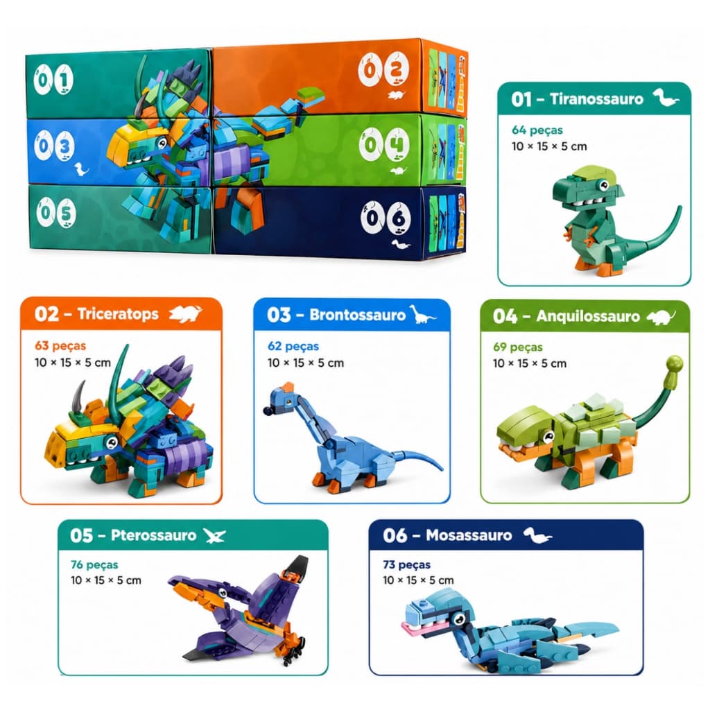 Blocos de Montar Dinossauro Inblox 6 em 1 Infantil +3 Anos | Escolha seu Modelo ou Complete a Coleção com 407 Peças
