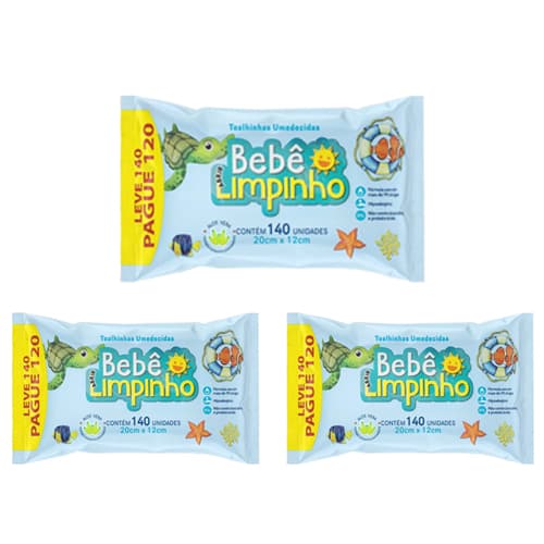 Kit com 3 Unidades - Toalhas Umedecidas Bebê Limpinho c/140 Unidades Cada