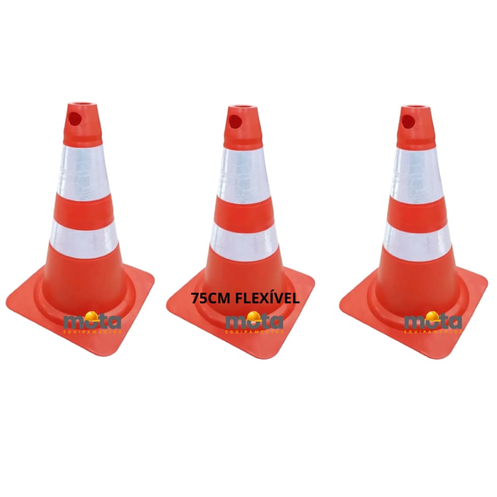 Kit 3 Cone Sinalização Refletivo Flexível Emborrachado 75cm Segurança Trânsito Obras