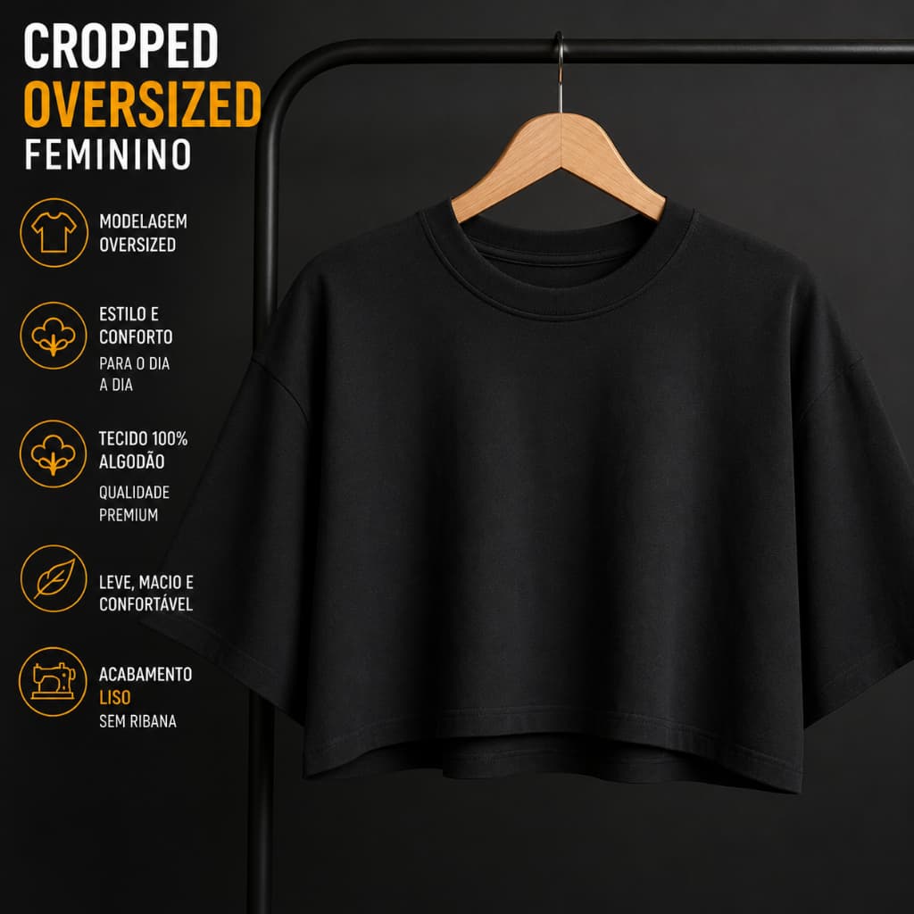 Cropped Oversized Liso Feminino Algodão 100% – Camiseta Cropped Feminina Casual Confortável