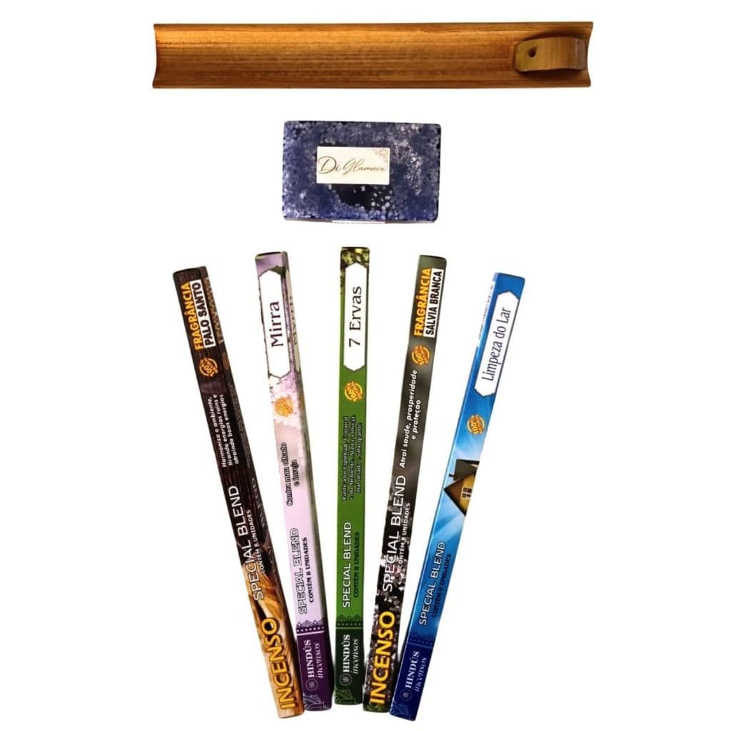 Incenso Natural Kit Limpeza Espiritual e Purificação - 1 Sabonete de Anil c/ Sal Grosso + 5 Incensos + 1 Incensário