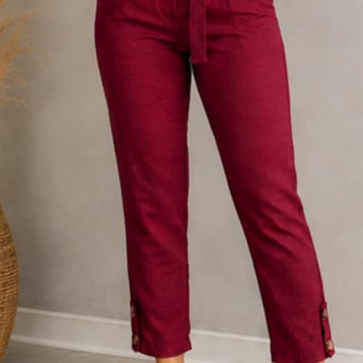 Calça Feminina Social de linho Cintura Alta Com Faixa e Botões Barra Elegante
