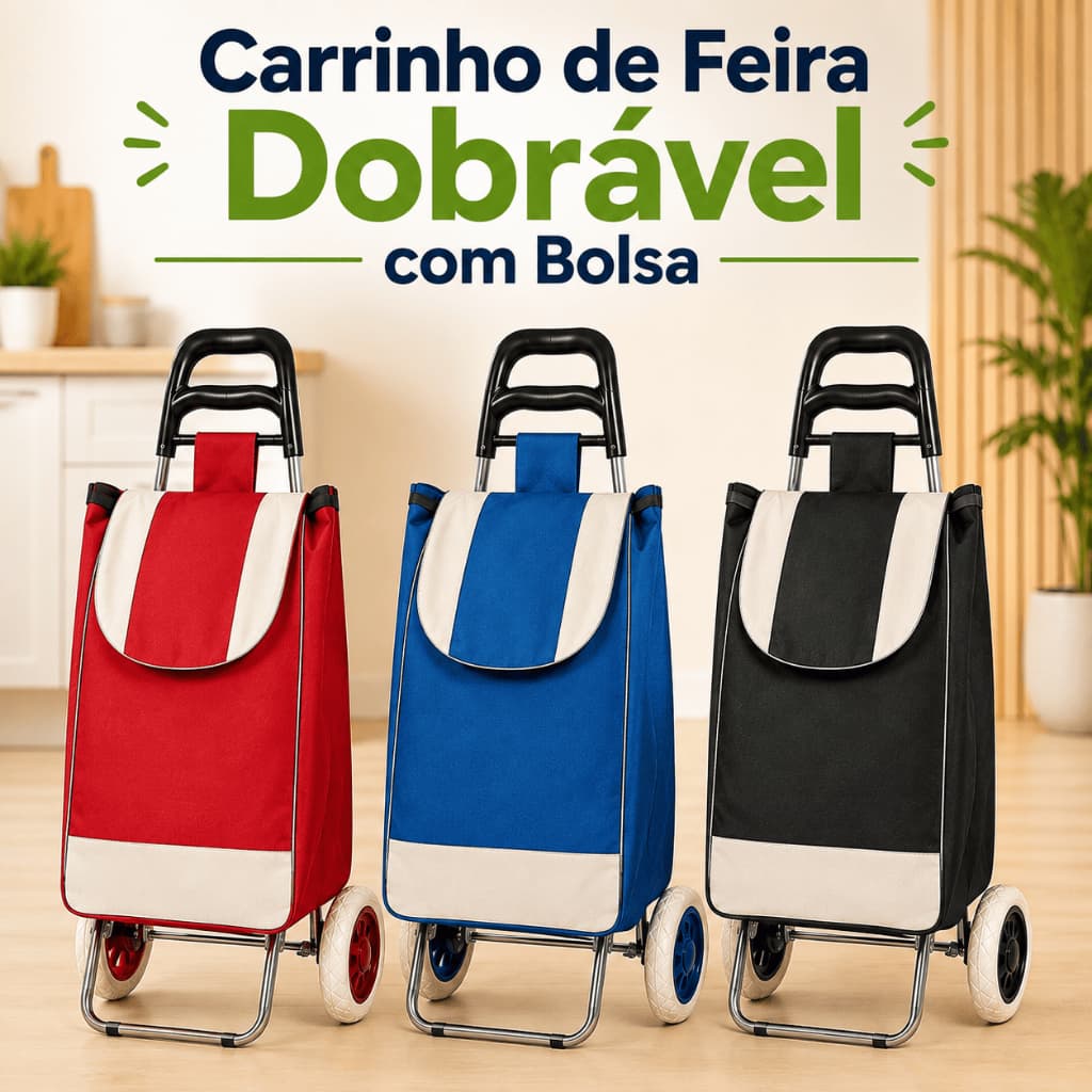 Carrinho de Feira Dobrável com Bolsa Reforçada Rodas Grandes Mercado Feira Compras Lavanderia Multiuso