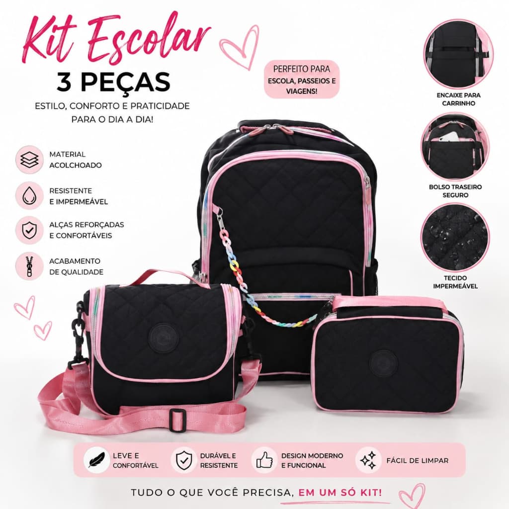 Kit Escolar 3 Peças Premium  Mochila + Bolsa Térmica + Estojo  Impermeável  Matelassê