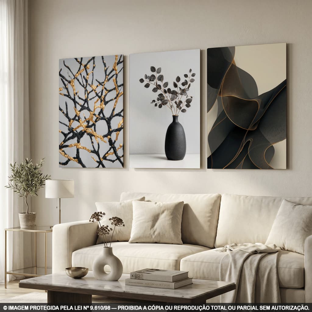 Kit 3 Quadros Decorativos Abstratos Preto e Dourado com Vaso para Sala