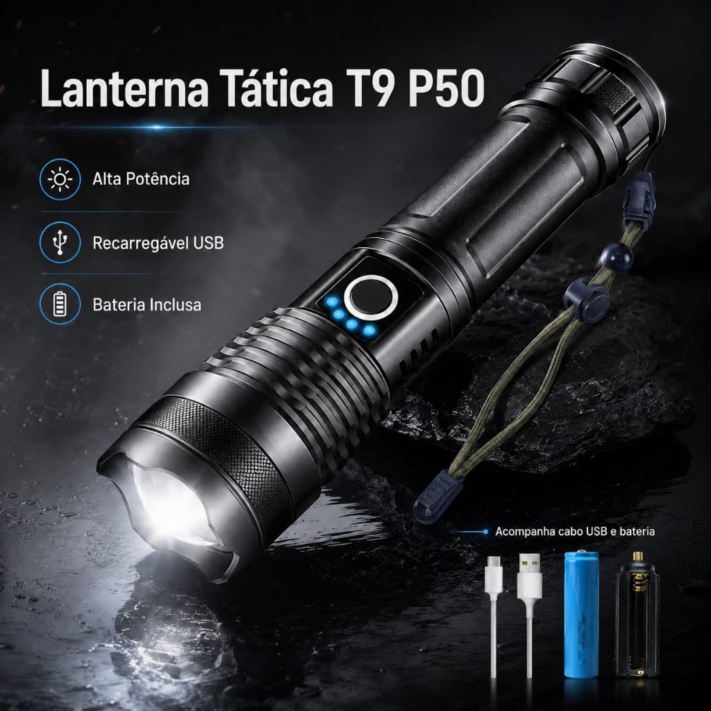 Lanterna Tática T9 P50 Super Luminosa Recarregável USB Ideal Para Sitio Fazenda AcampamentoCamping Segurança Noturna