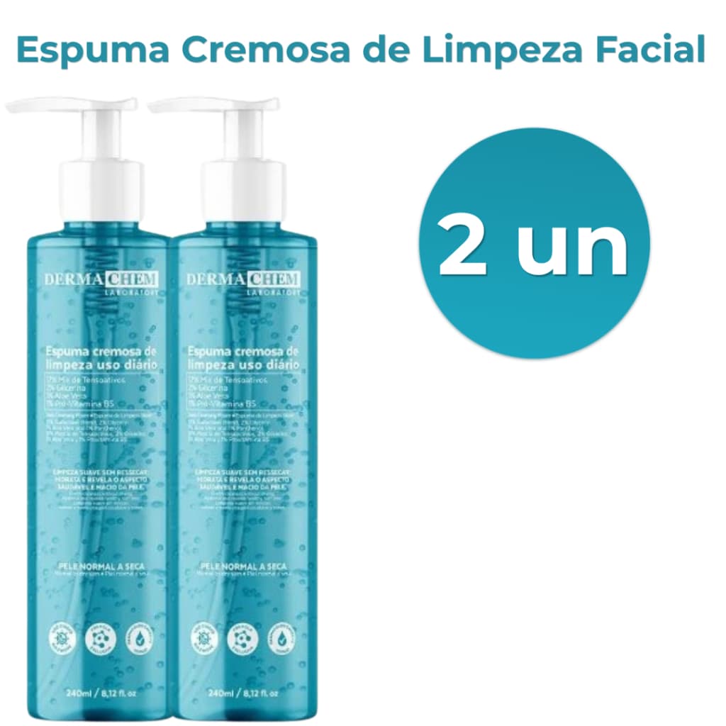 Kit 2 Espumas Cremosas de Limpeza Facial Dermachem 240ml Pele Normal a Seca Uso Diário