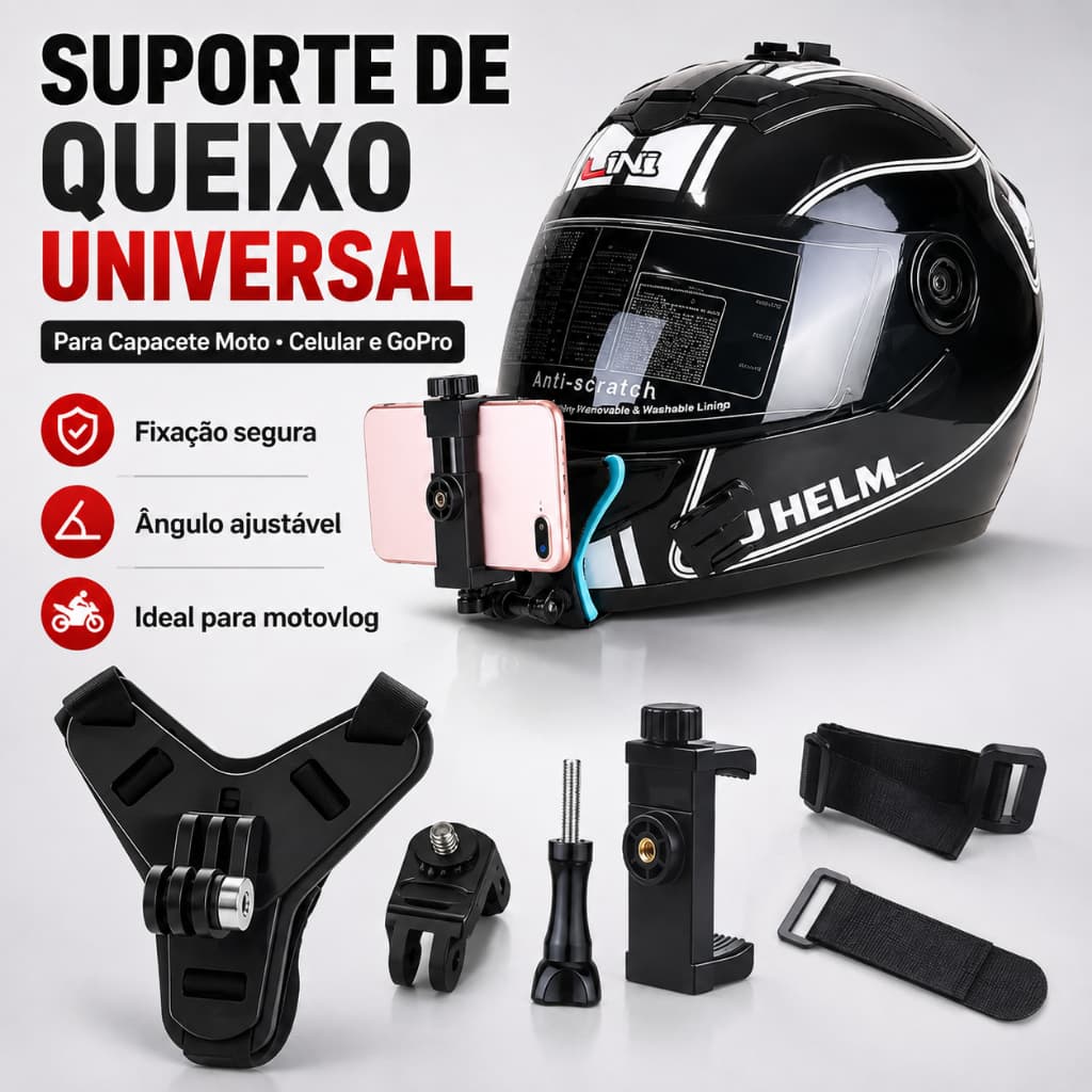Suporte Queixo Capacete Moto Universal Celular GoPro Câmera Ação Motovlog Ajustável com Cintas