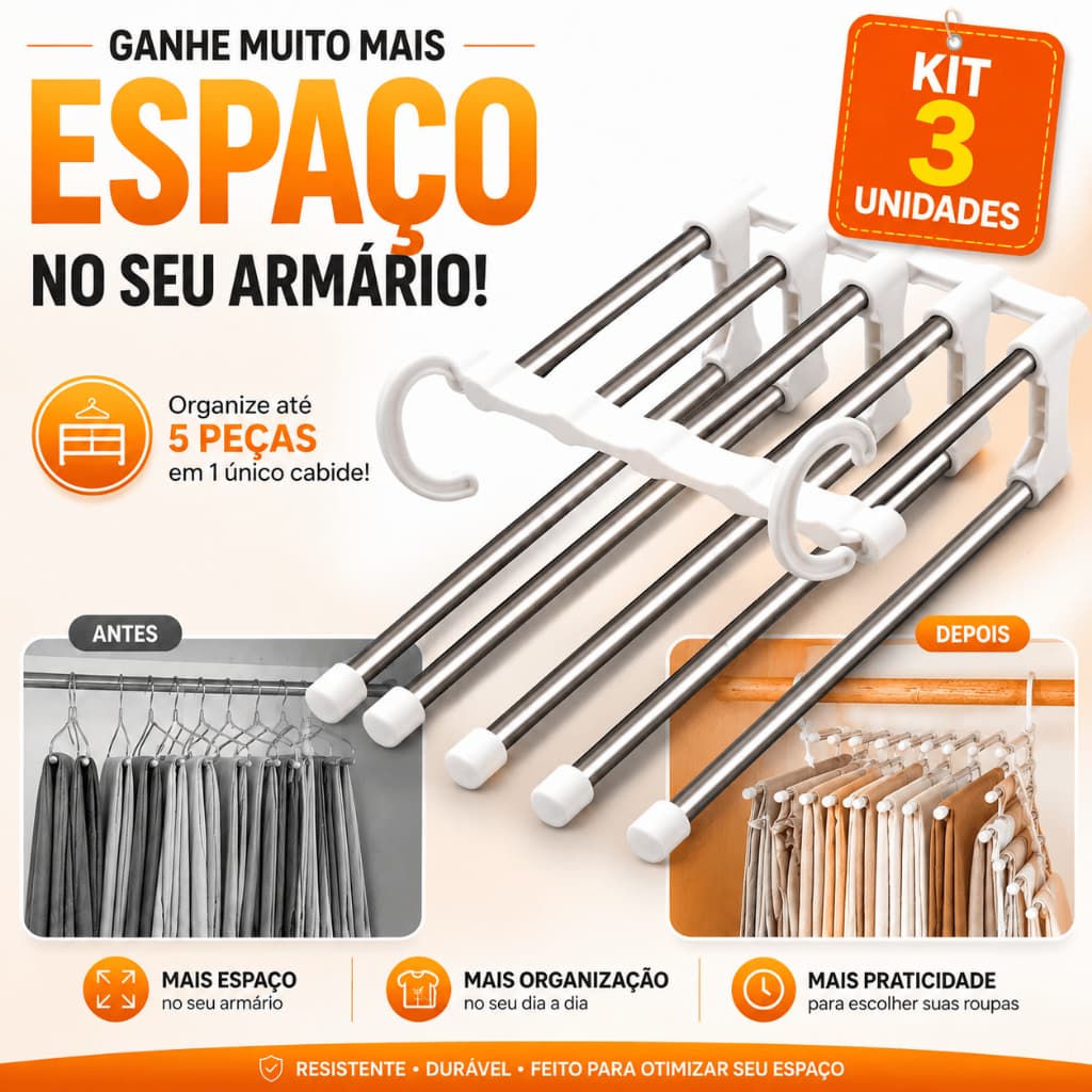 Cabide Mágico Multifuncional 5 em 1 Organizador Calças Guarda Roupa Armário Economia de Espaço Aço Inox