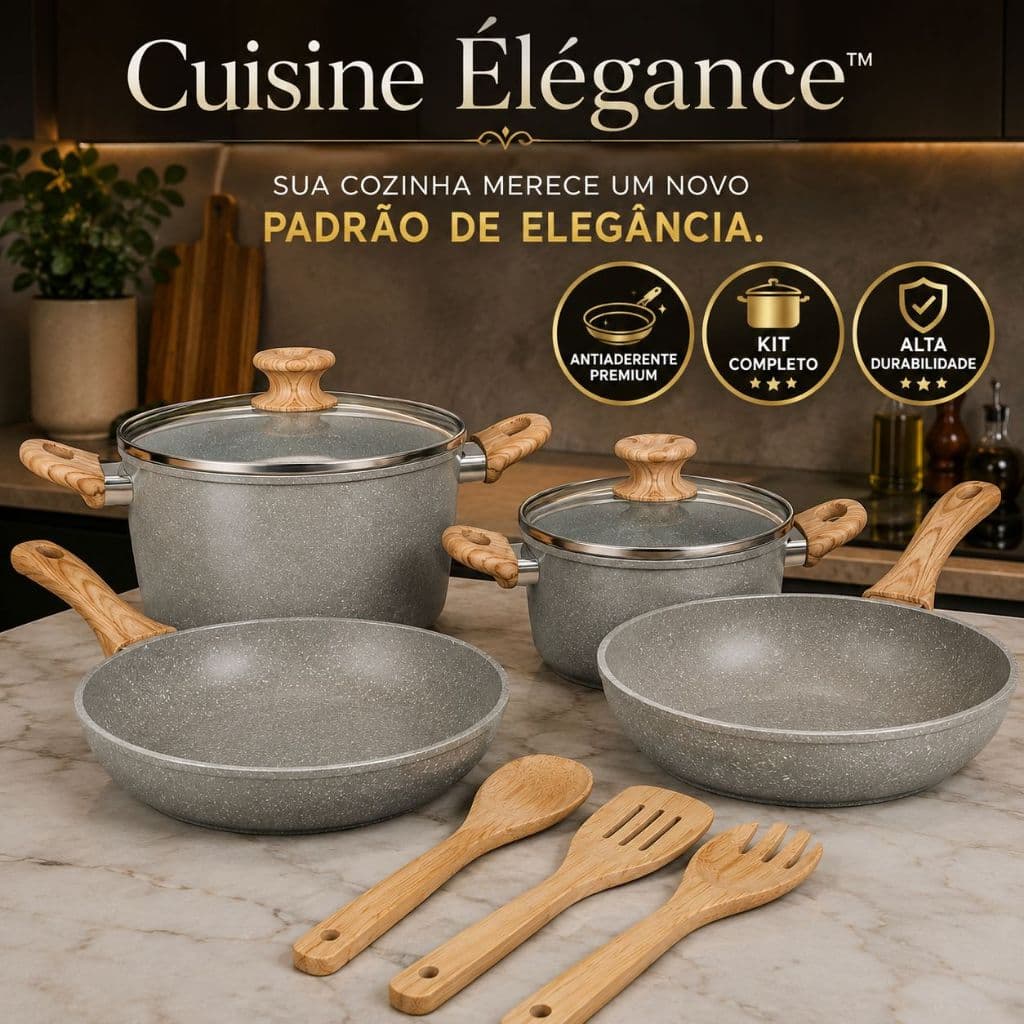 Jogo de Panelas Antiaderente 4 Peças com Utensílios Kit Completo Cinza Tampa de Vidro