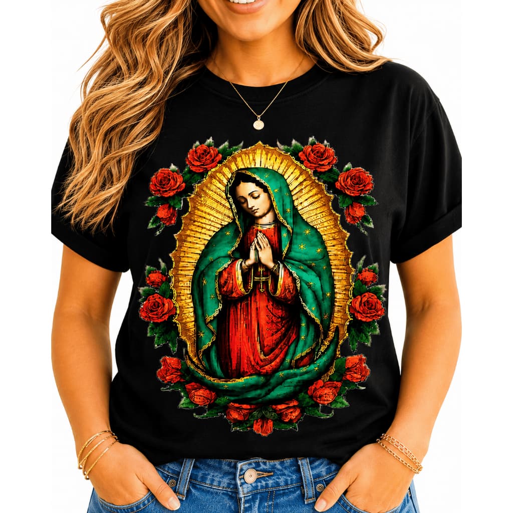 Camiseta religiosa Nossa Senhora de Guadalupe 100% algodão. Maciez que encanta. Lindas cores. Entrega imediata.