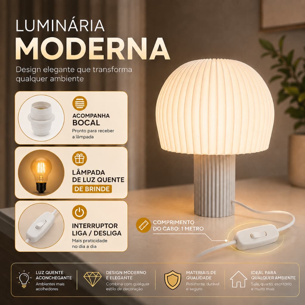 Abajur / Luminária Cogumelo Luz Quente de Mesa Cabeceira Quarto Sala Escritório Moderna 110V/220V