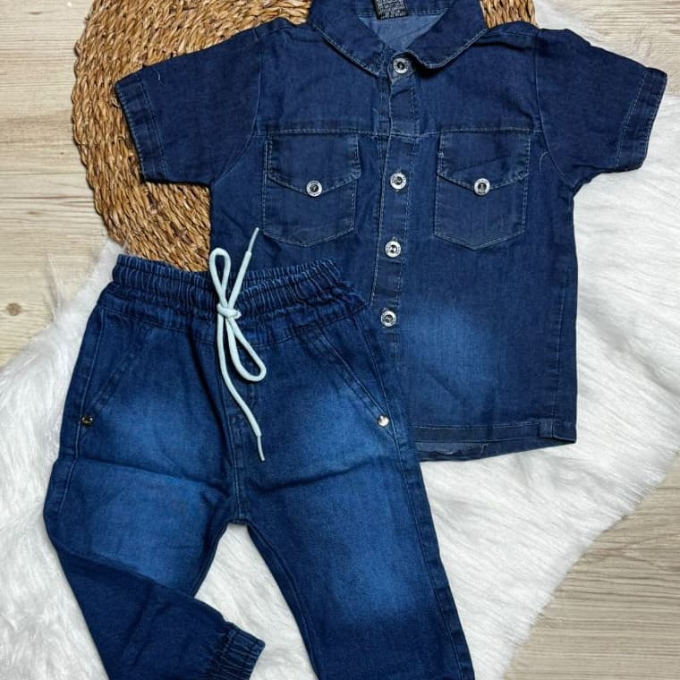Conjunto Jeans Molinho Meninos Calça Jogger e Camisa 01 a 03 anos