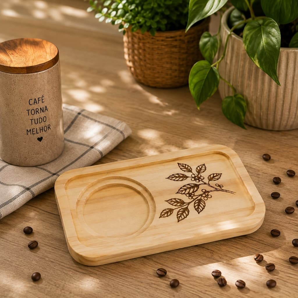 Pires de Madeira Pinus Porta Xícara Café Chá Porta Copo Retangular Gravado Ramo de Café Bandeja Decoração