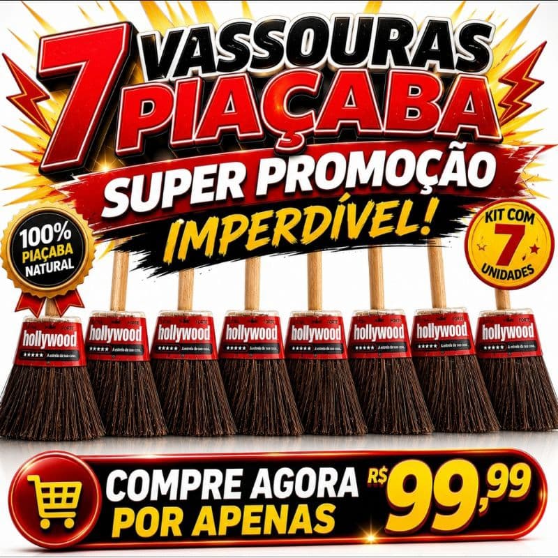 Kit 7 Vassouras de Piaçava com Cabo de Madeira – Reforçada para Limpeza Pesada