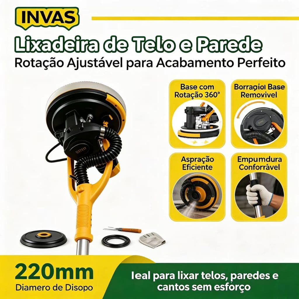 (Sem Poeira) Lixadeira Elétrica Parede e Teto 1200W 7 Velocidades Bivolt Telescópica Dobrável Com LED 360° e Aspiração