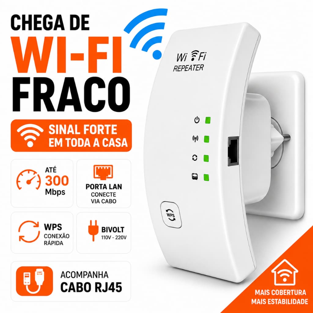 Repetidor Amplificador de Sinal WiFi 300Mbps Bivolt WPS Porta LAN 2.4GHz Sinal Forte Em Toda a Casa