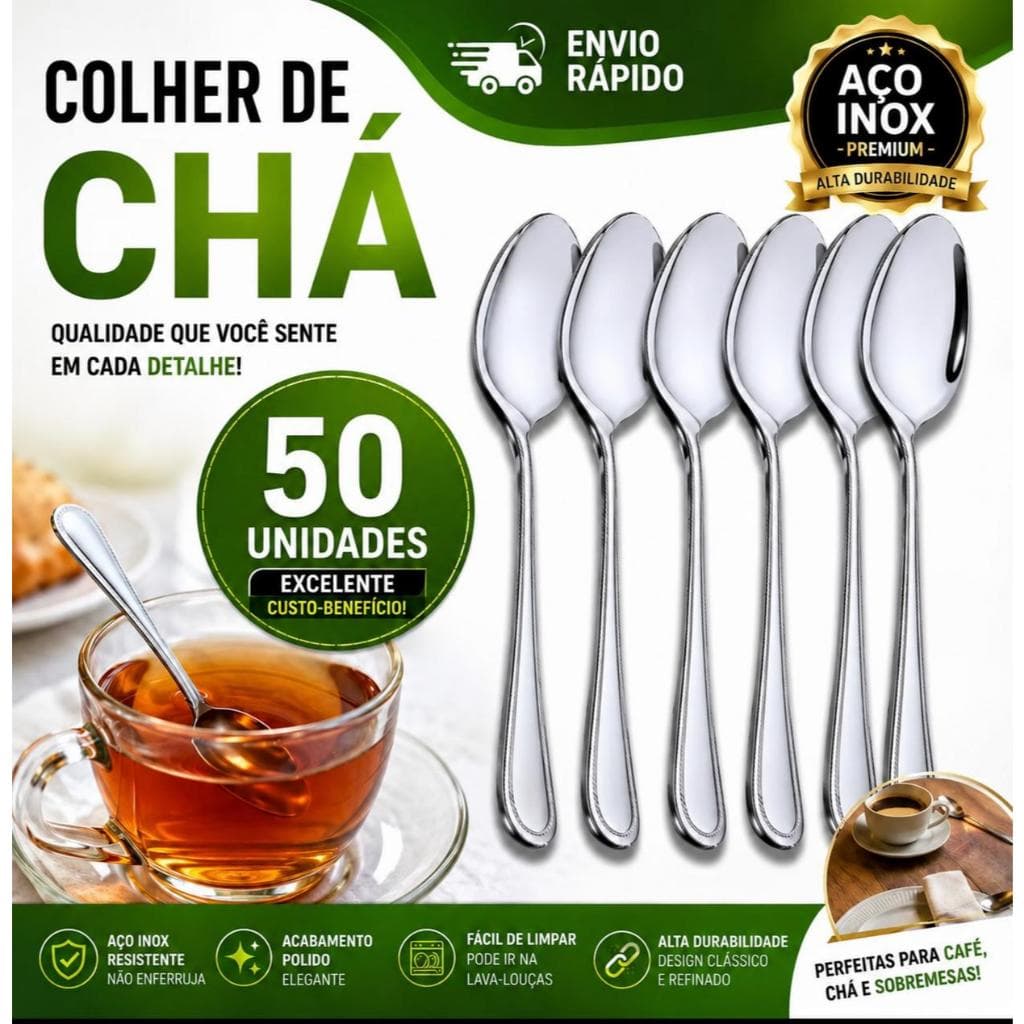Jogo 50  Colheres Colher  de Chá Aço Inox Café e Sobremesa Bar Utilidades Casa Cozinha Buffet