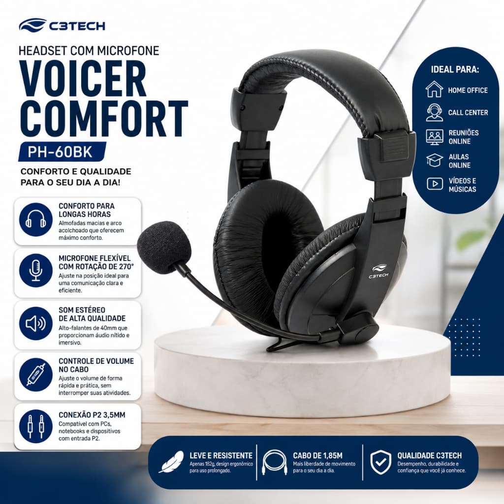 Headset C3Tech PH-60BK com Microfone P2 Estéreo Over Ear Home Office Call Center