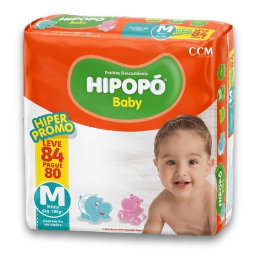 Fralda Descartável Hipopó Baby M Pacotão Hiper 84 Unid. Econômica