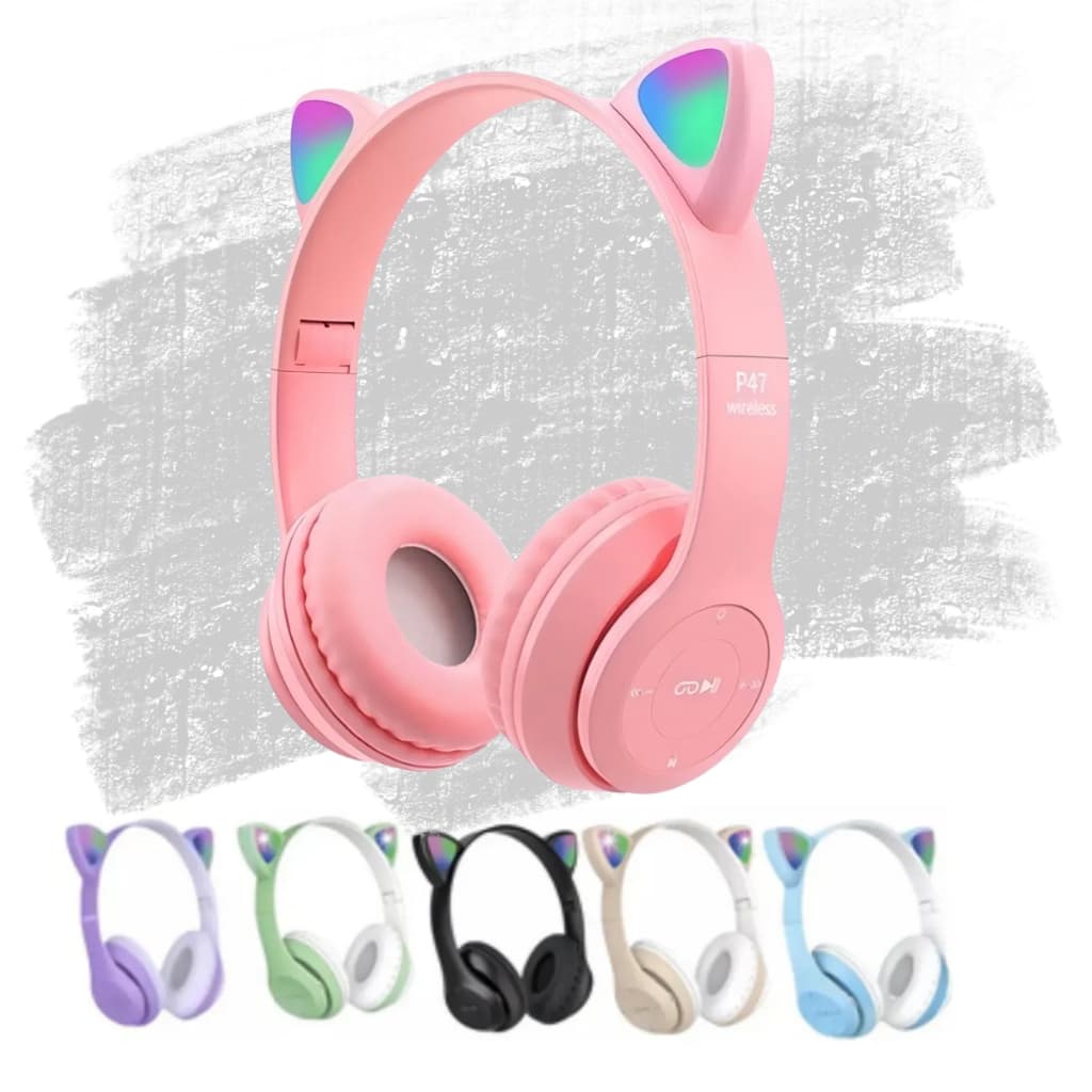 Fone de Ouvido Bluetooth Gatinho LED Rosa Dobrável Sem Fio com Microfone Infantil Recarregável Presente