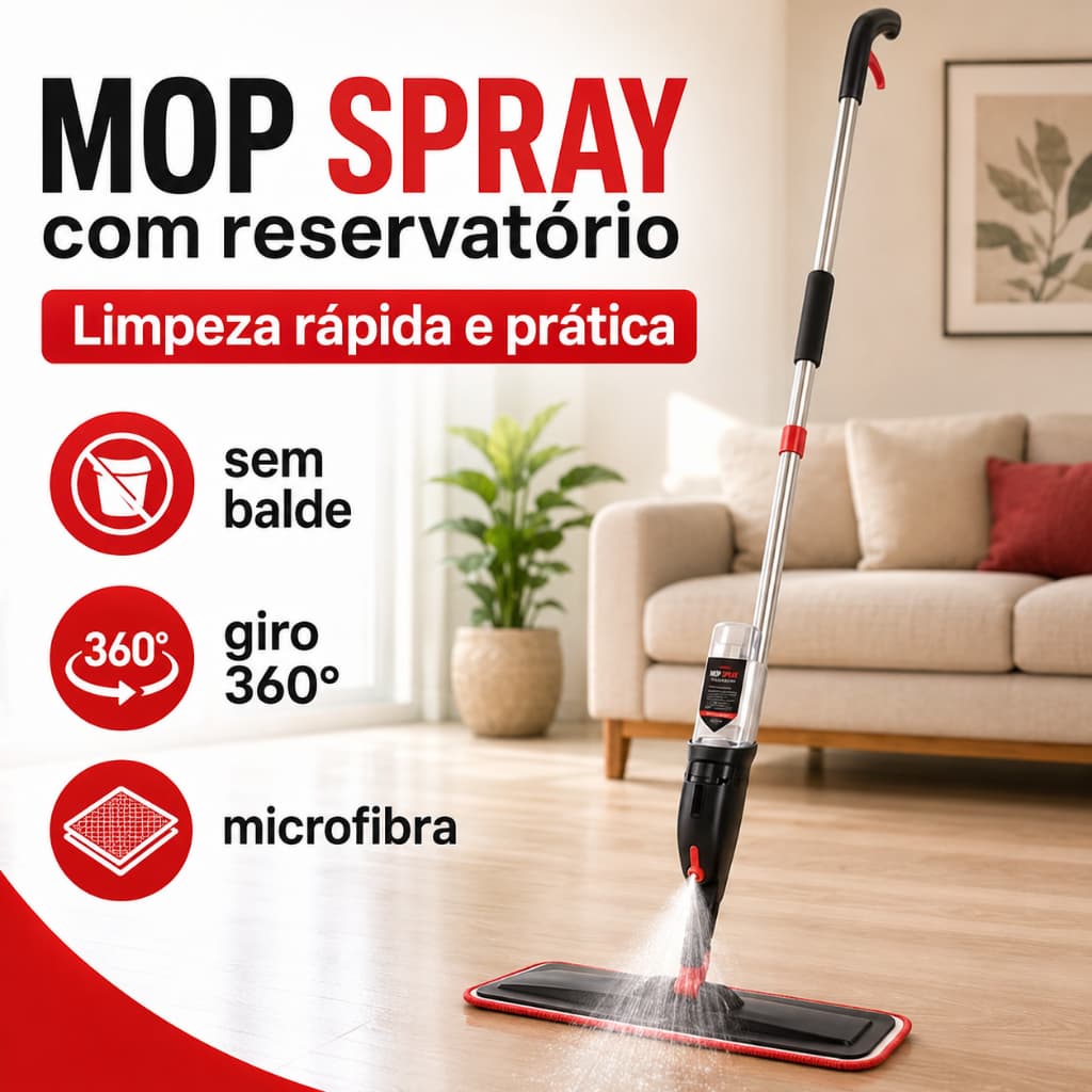 Mop Spray Esfregão 360° com Reservatório Microfibra para Pisos