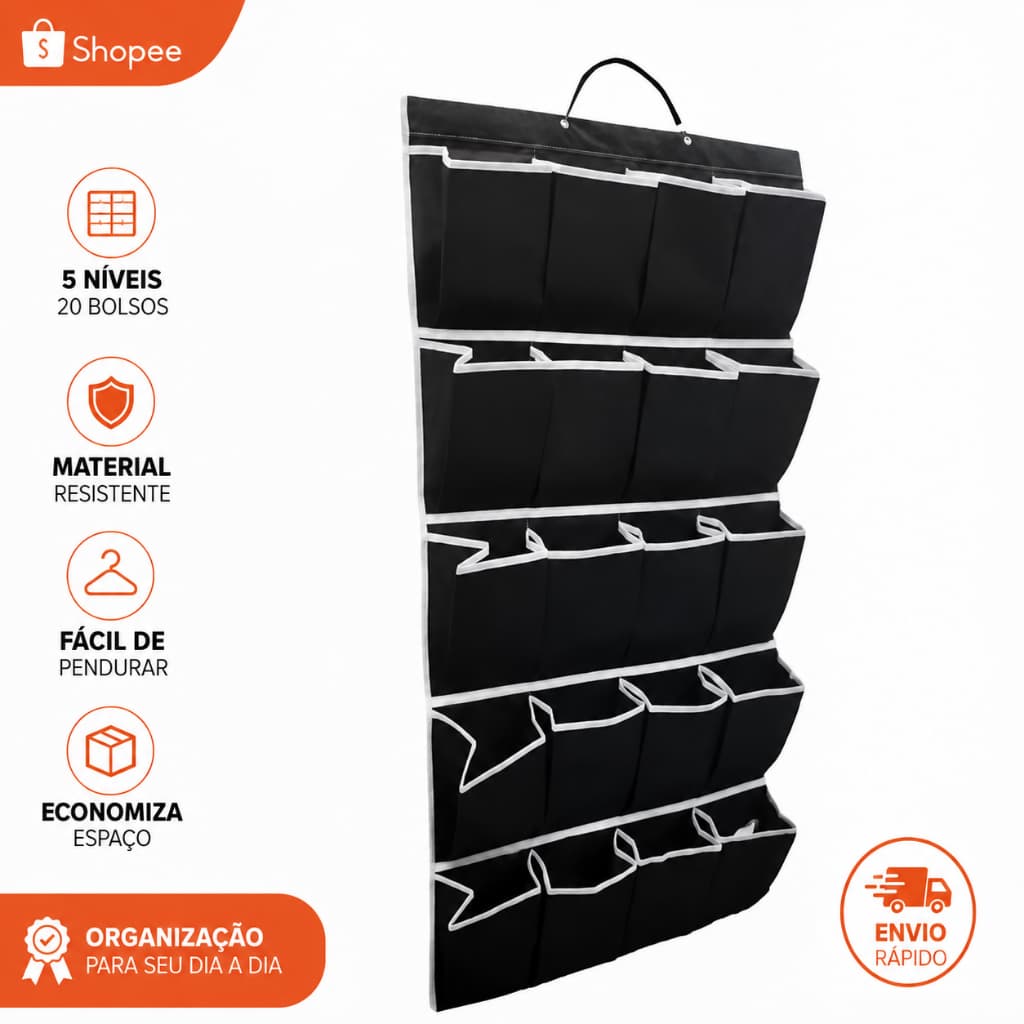 Sapateira Vertical 20 Bolsos Dobrável 44cm X 96cm 20 Divisórias para Calçados e Acessórios