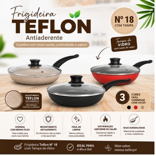 Frigideira n 18 Antiaderente Teflon Com Tampa de vidro Outlet NOVA