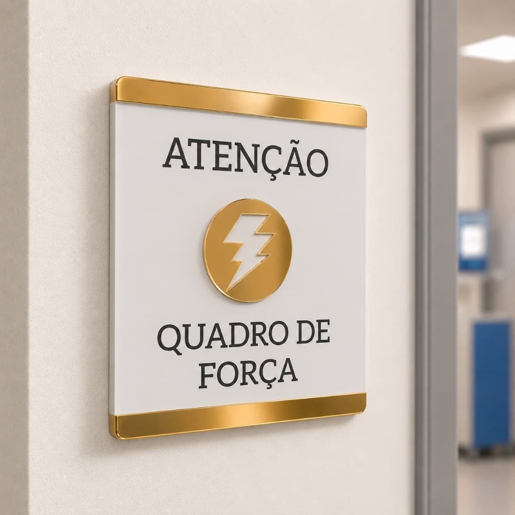 Placa  De Sinalização Quadro de Força Atenção MDF e Acrílico Espelhado 14X17 cm