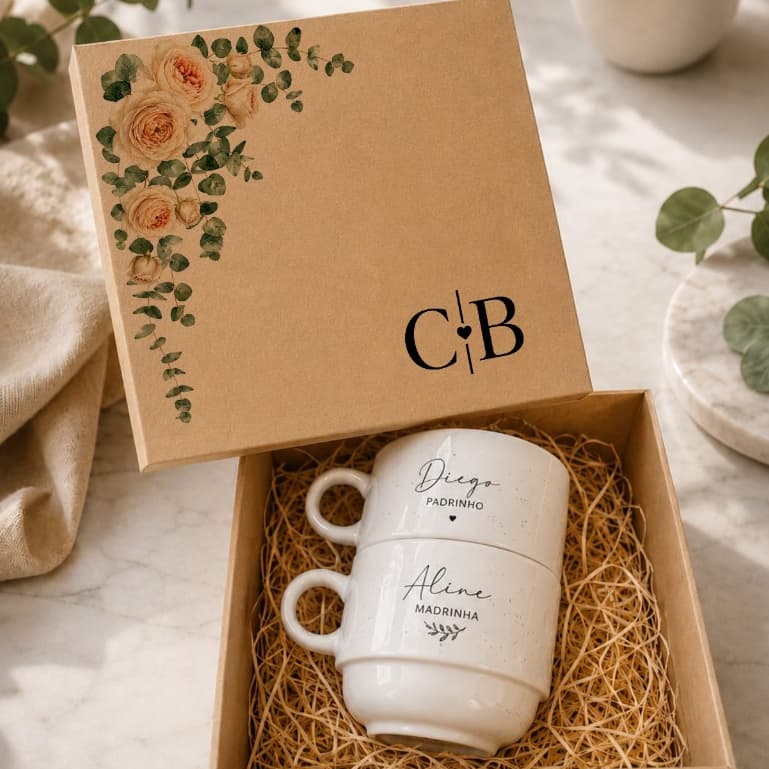 Kit 2 Xícaras + Caixa MDF Personalizadas Para Padrinhos de casamento,dindos,pais dos noivos,madrinha
