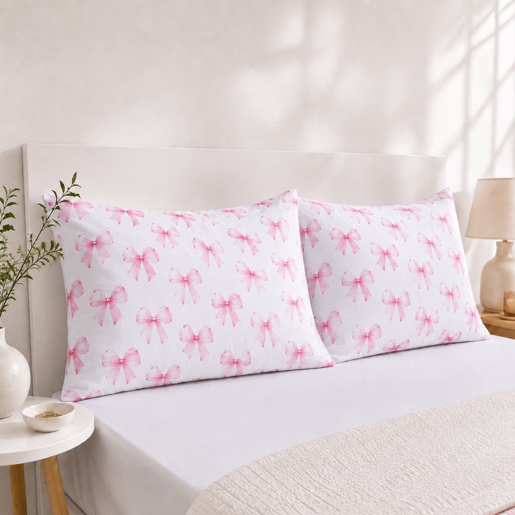 Kit 2 Fronhas Travesseiros Micropercal 50x70cm Fronha Estampada Laços Rosas Decorativa