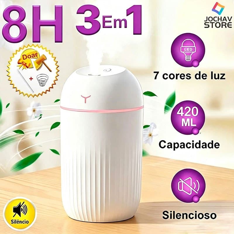 Umidificador de Ar 420ml Portátil USB LED 7 Cores Difusor Aromatizador de Ambiente Casa Quarto