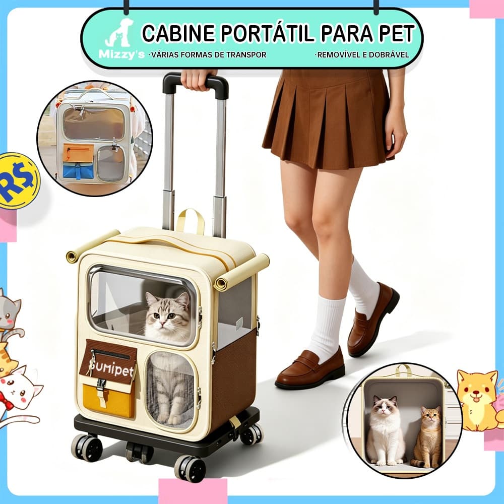 Mochila de Transporte Pet 3 em 1 com Rodinhas 360 Graus e Puxador Retrátil para Gatos e Cães Pequenos