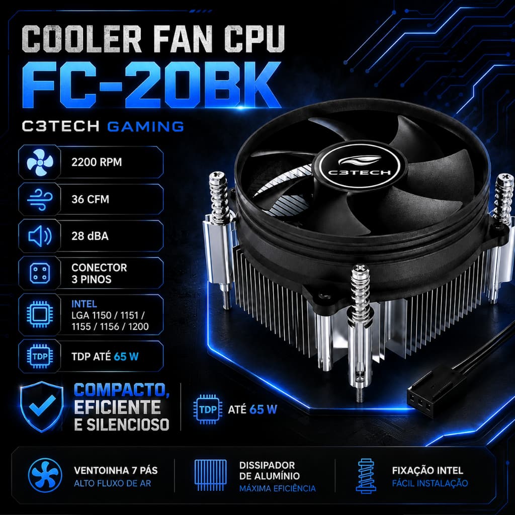 Cooler Para Processador CPU FAN Intel Ventoinha 90mm Conector 3 Pinos Placa Mae LGA 1150/1151/1155/1156/1200