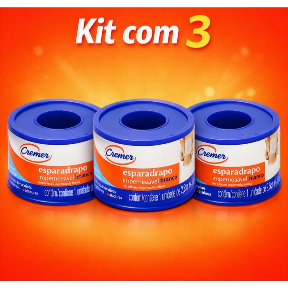Kit com 3 - Esparadrapo Impermeável Branco 2,5cm X 4,5m Cremer