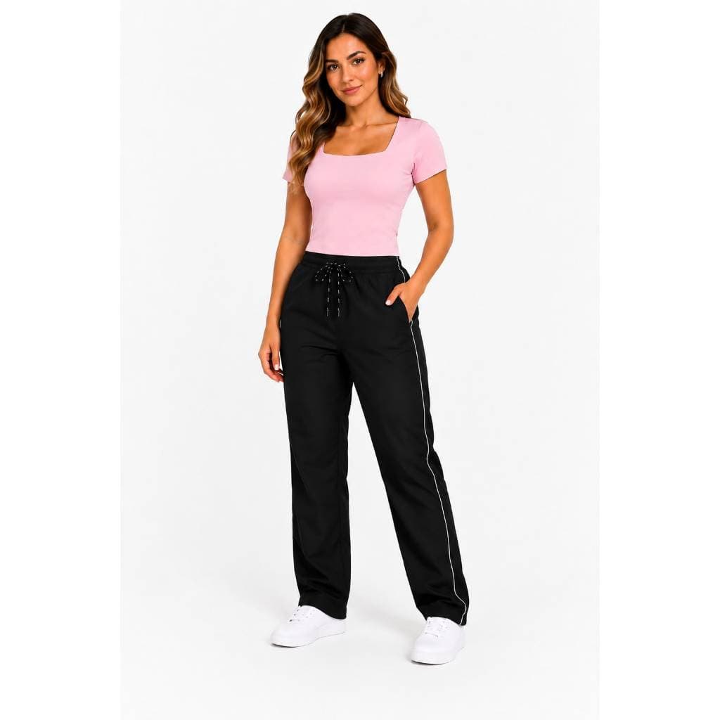 Conjunto Feminino Casual Calça Tactel + Baby Look Gola Quadrada Premium
