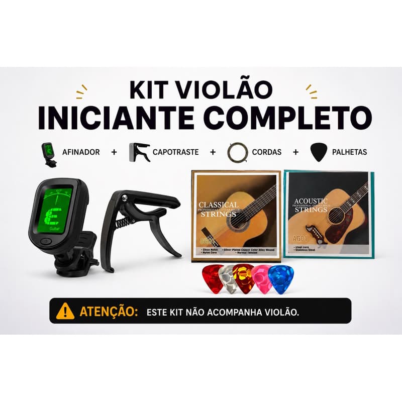 Kit Violão Iniciante Completo com Afinador Digital + Capotraste + Cordas (Aço ou Nylon) + Palhetas | Envio Rápido