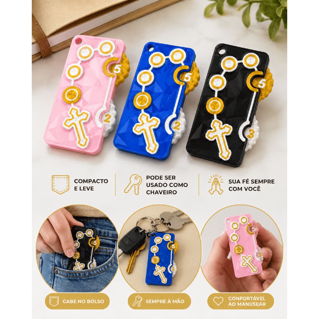 KIT 3 Terços Articulado Chaveiro Contador de Terço Católico Mini Rosário de Bolso Presente Religioso