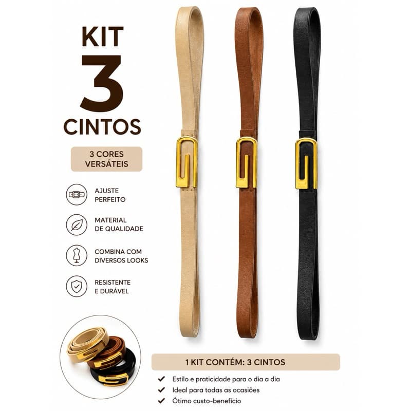 Kit 3 Cinto Feminino Couro Elegante com Fivela G Dourada  casual  – Preto Bege Caramelo