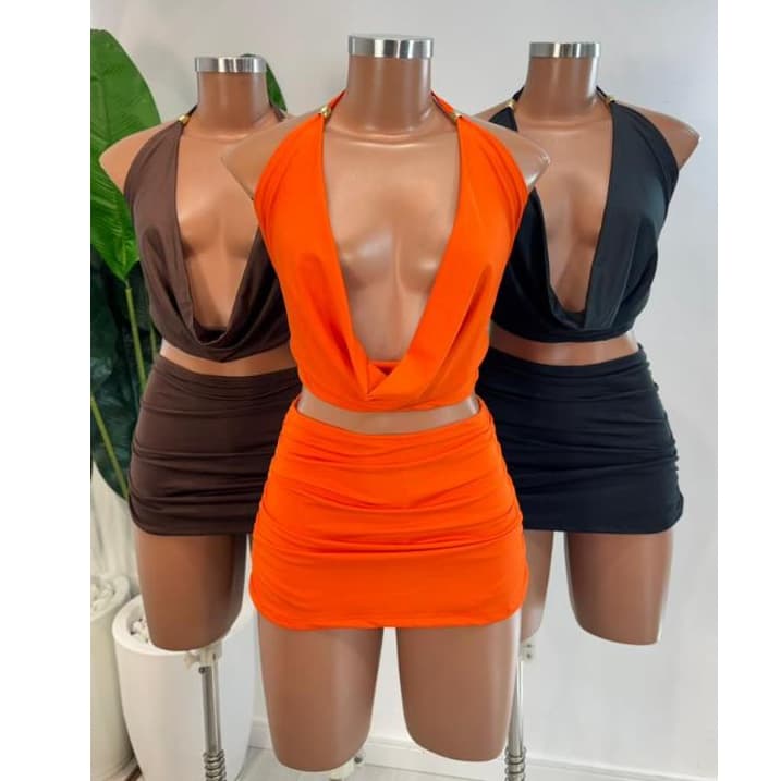Conjunto Talita Feminino Cropped Vazado + Saia Drapeada Curta Tendência Inspiração Moda Evento Balada