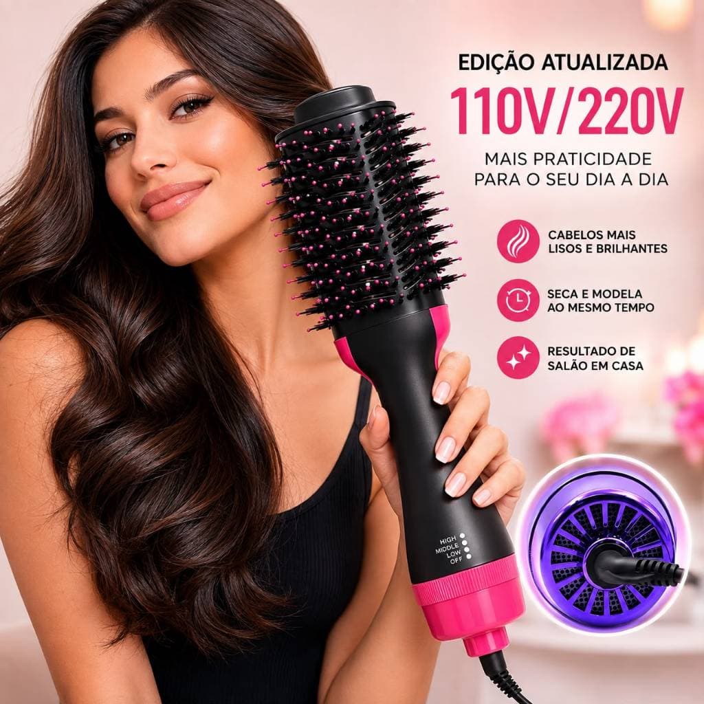 Escova Secadora e Alisadora Elétrica 3 em 1 Profissional 110V/220V Seca Alisa Modela em minutos