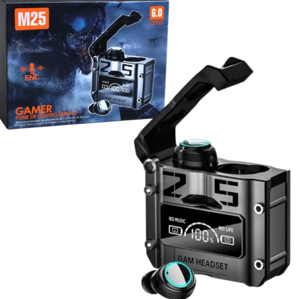 Fone de Ouvido Gamer M25 V5.3 Sem fio Bluetooth com Display Power Bank A Prova d' Água Musicas e Jogos Gamer