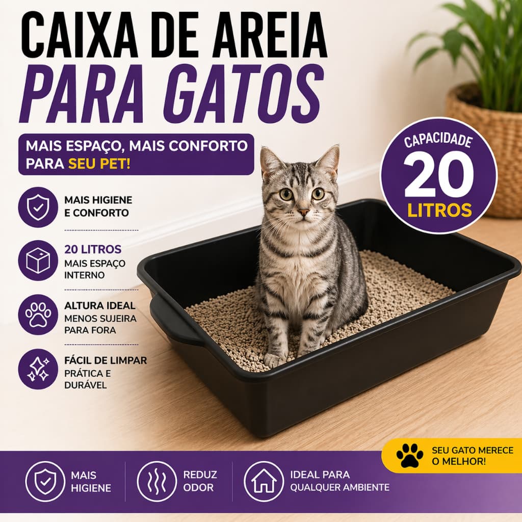 Caixa de Areia para Gatos 20L Grande Borda Alta Reforçada Não Espalha Fácil Limpeza