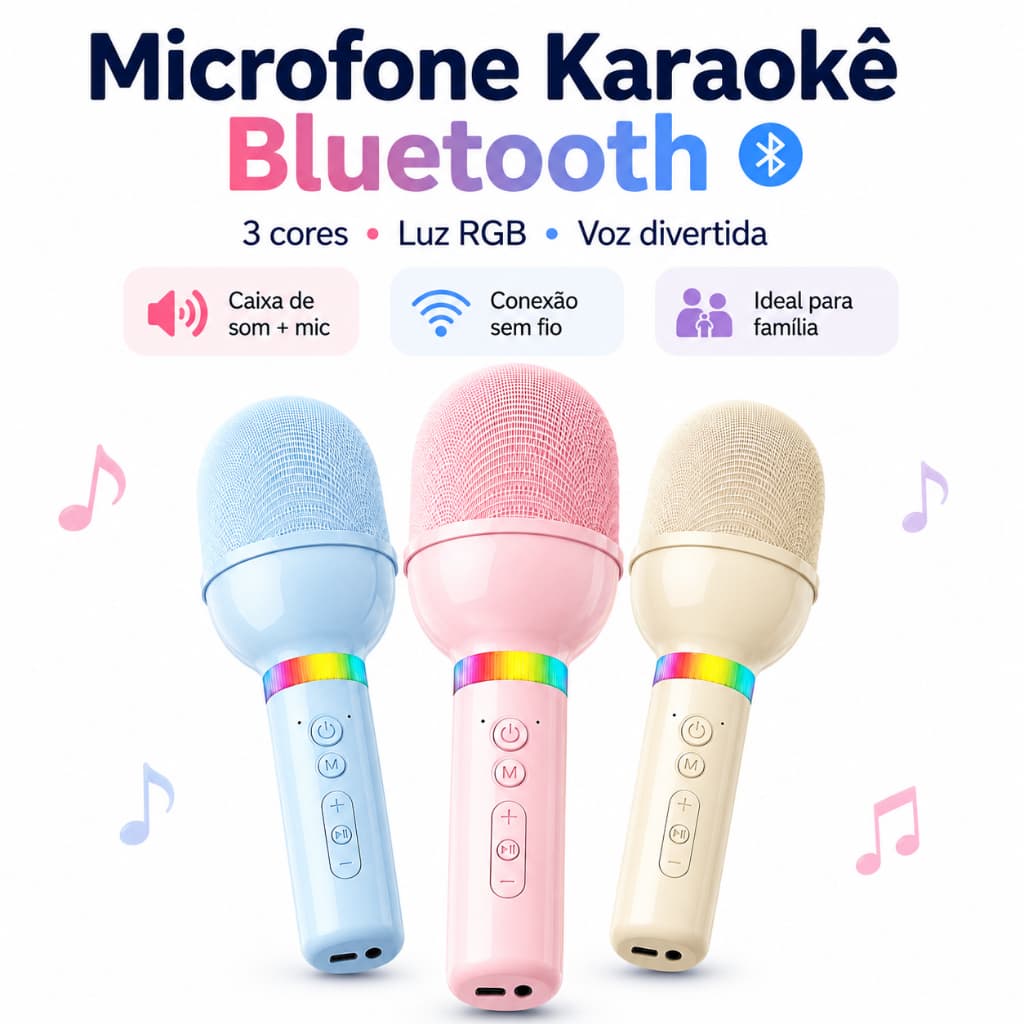 Microfone Karaokê Bluetooth Kapbom 5W com Caixa de Som, Luz RGB, USB, TF, AUX e FM