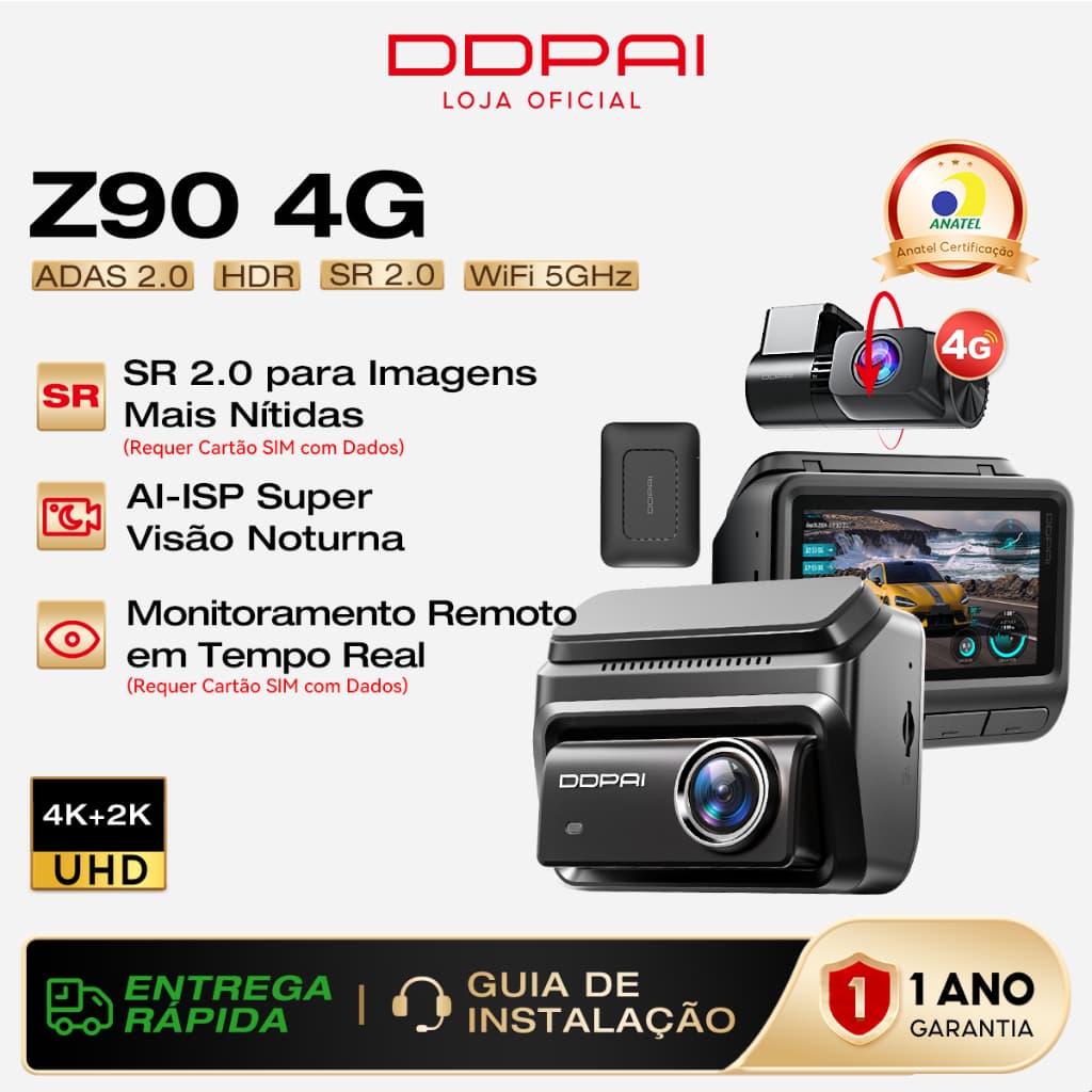 DDPAI Z90 4G Câmera Veicular Monitoramento Remoto 4K+2K Visão Noturna AI ISP 2.0 WiFi GPS ADAS WiFi 3" Tela