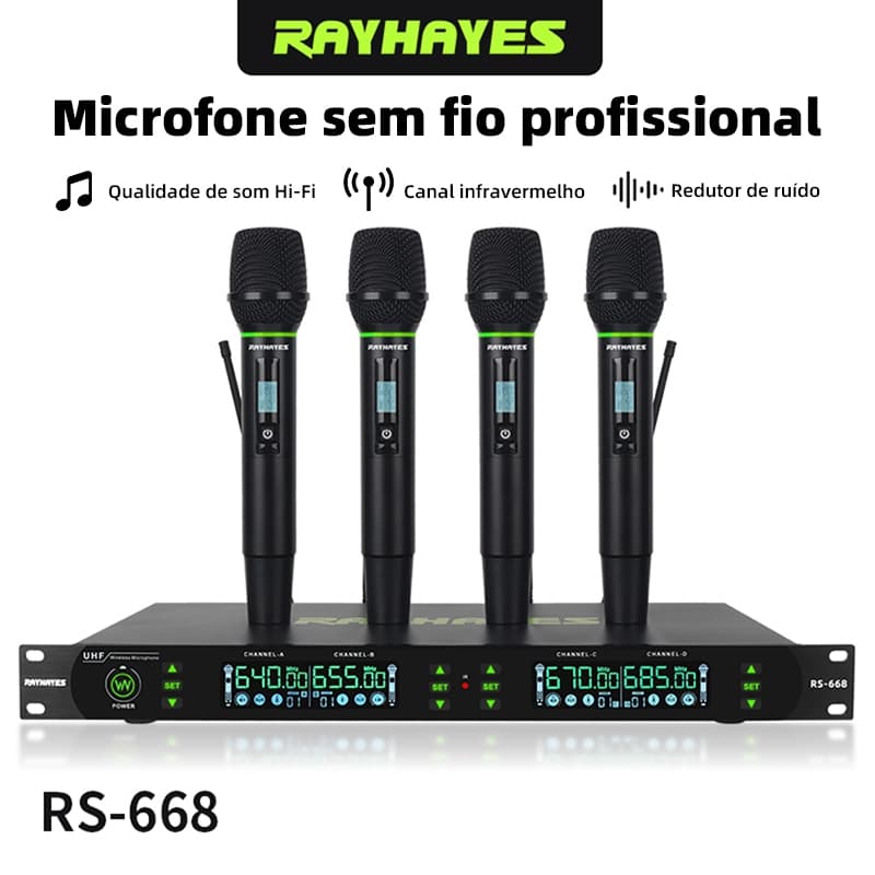 Microfones Sem Fio RAYHAYES RS-668 4 Canais UHF Alcance 200m Microfone Recarregável Tipo‑C para Festa Karaokê e Palestra